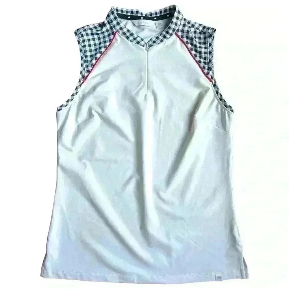 Lady Hagen Sleeveless 1/4 Zip Golf Shirt Navy Blue Gingham Print Red Piping XS